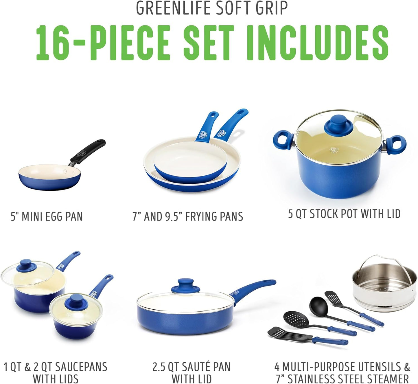 Greenlife Soft Grip Healthy Ceramic Nonstick 16 Piece Kitchen Cookware Pots and Frying Sauce Saute Pans Set, Pfas-Free with Kitchen Utensils and Lid, Dishwasher Safe, Blue