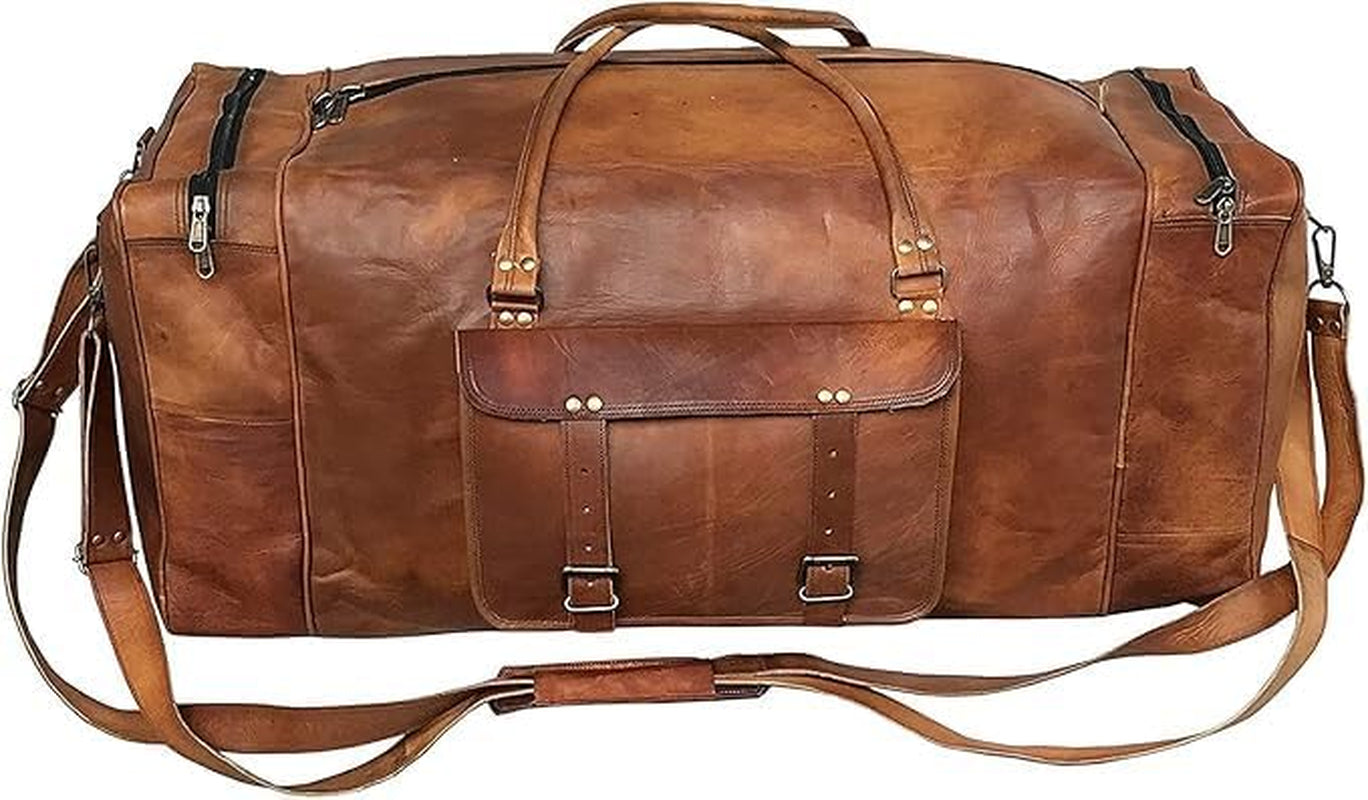 Leather Duffle Bag for Men Luggage Handmade Travel Bag Carry on Luggage Weekender Bags Overnight Gym Sports Cabin Holdall Bag for Airplanes Men and Women (34 Inch Brown)