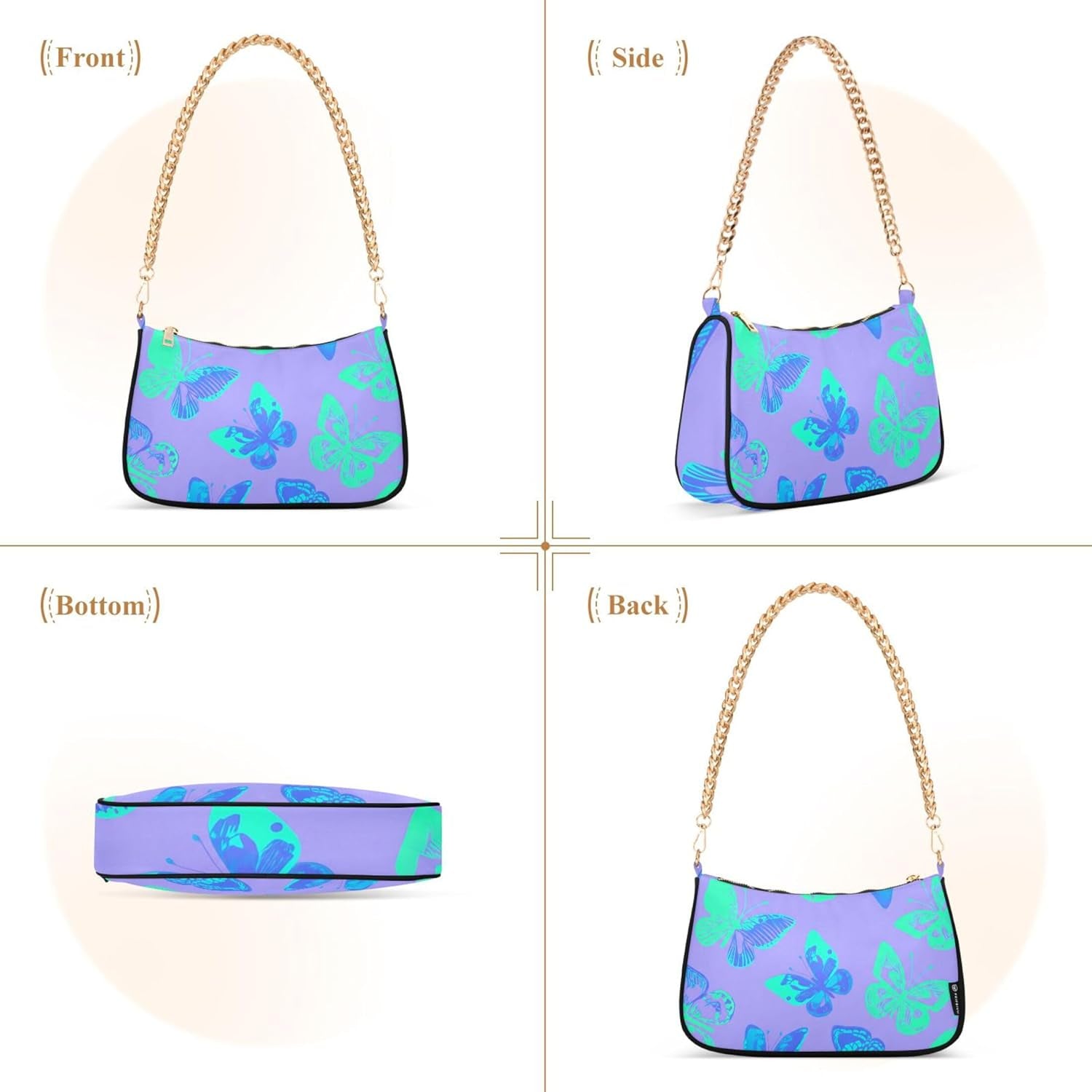 Blue Turquoise Butterflies Purple Aesthetic Shoulder Bag for Women Classic Purse Hobo Totes Colorful Tote Handbags Zipper Closure