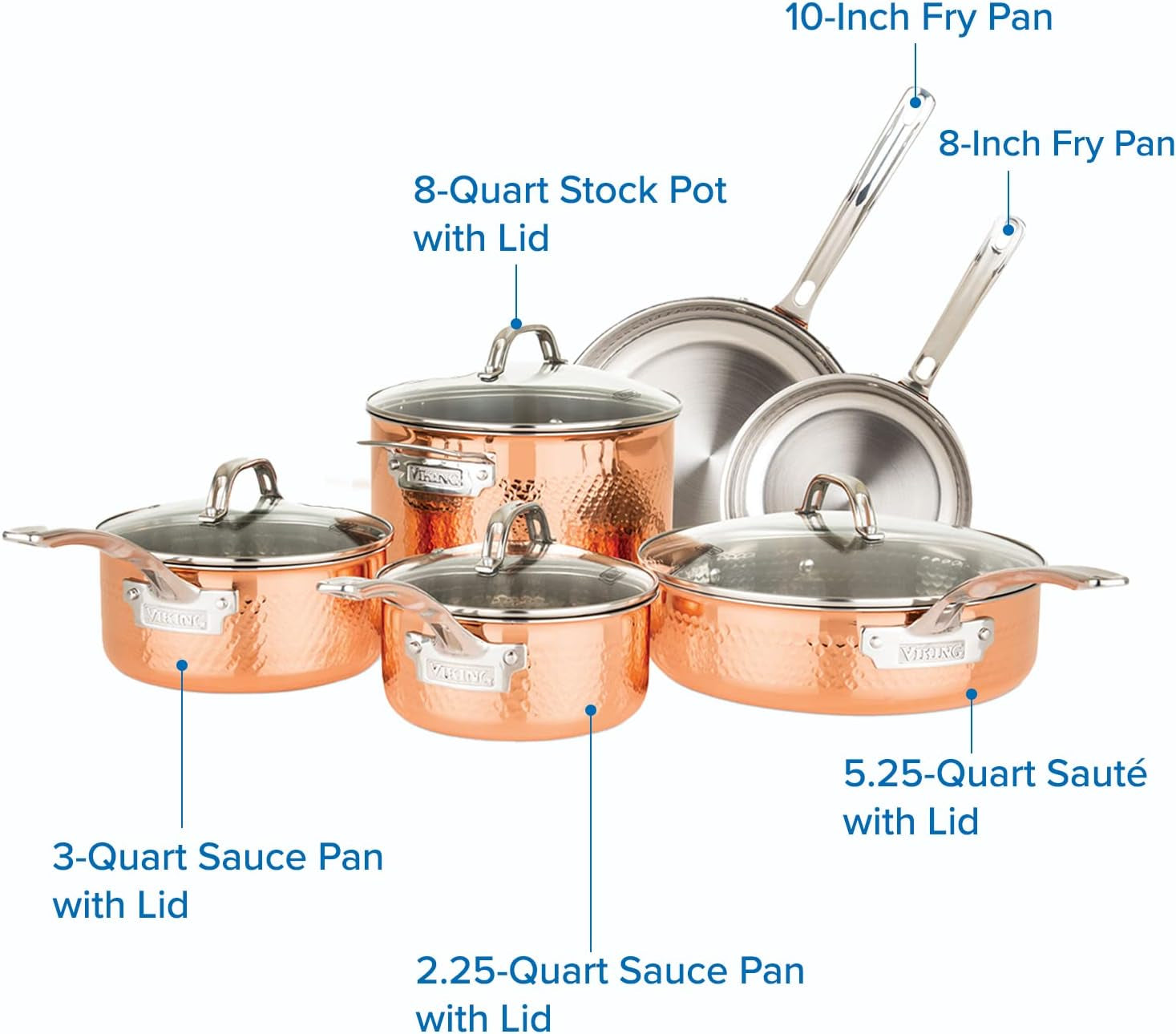 Viking 10-Piece 3-Ply Hammered Copper-Clad Cookware Set, Oven Safe, All Cooktops