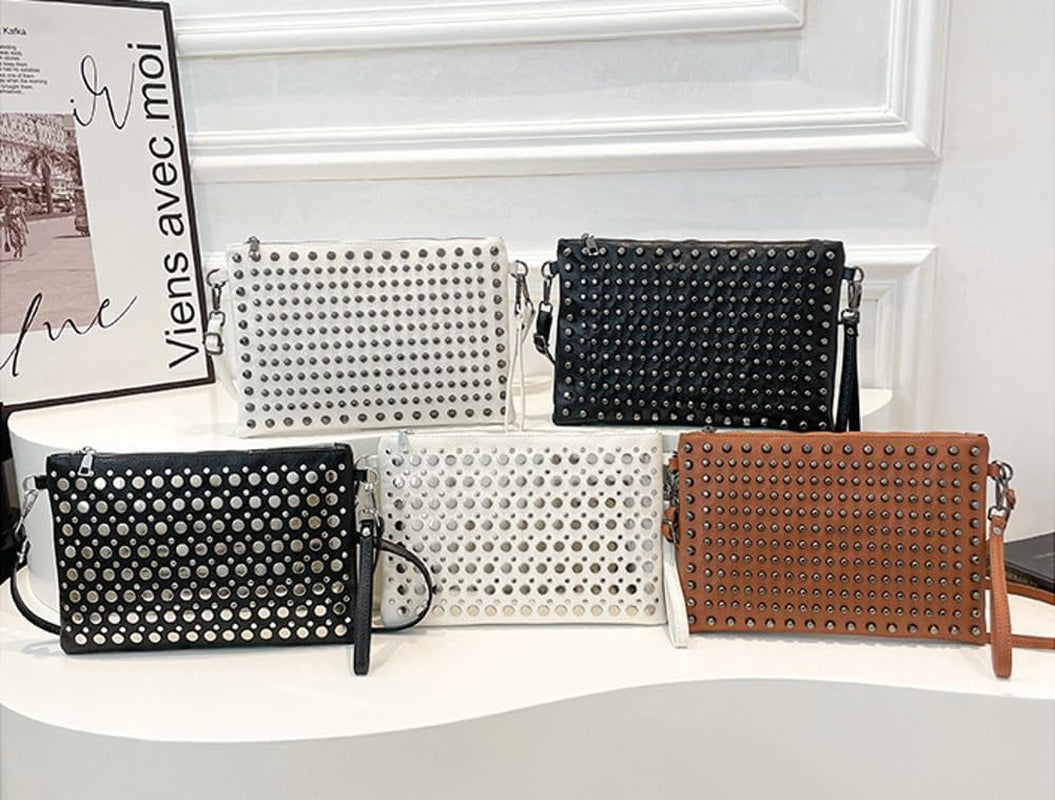Y2K Crescent Crossbody Purse Women 90S PU Leather Trendy Studded Shoulder Satchels Hobo Bags Punk Underarm Tote Handbag