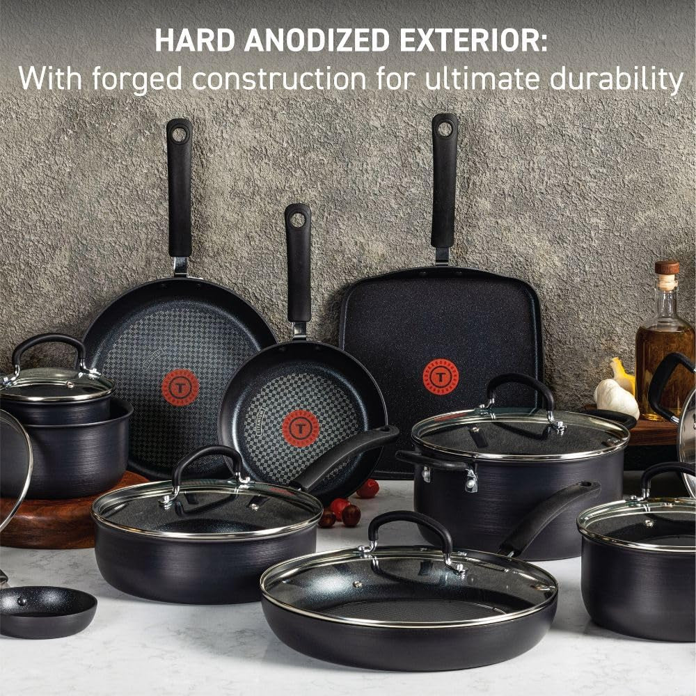 T-Fal Ultimate Hard Anodized Nonstick Cookware Set 17 Piece, Oven Broiler Safe 400F, Lid Safe 350F, Kitchen Cooking Set W/ Fry Pans, Saucepans, Saute Pan, Griddle, Pots and Pans, Dishwasher Safe Black