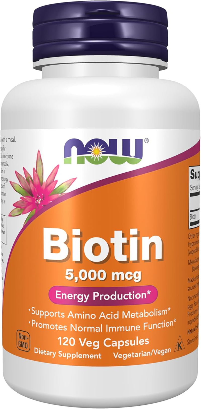 NOW Foods Supplements, Biotin 5,000 Mcg, Amino Acid Metabolism*, Energy Production*, 120 Veg Capsules