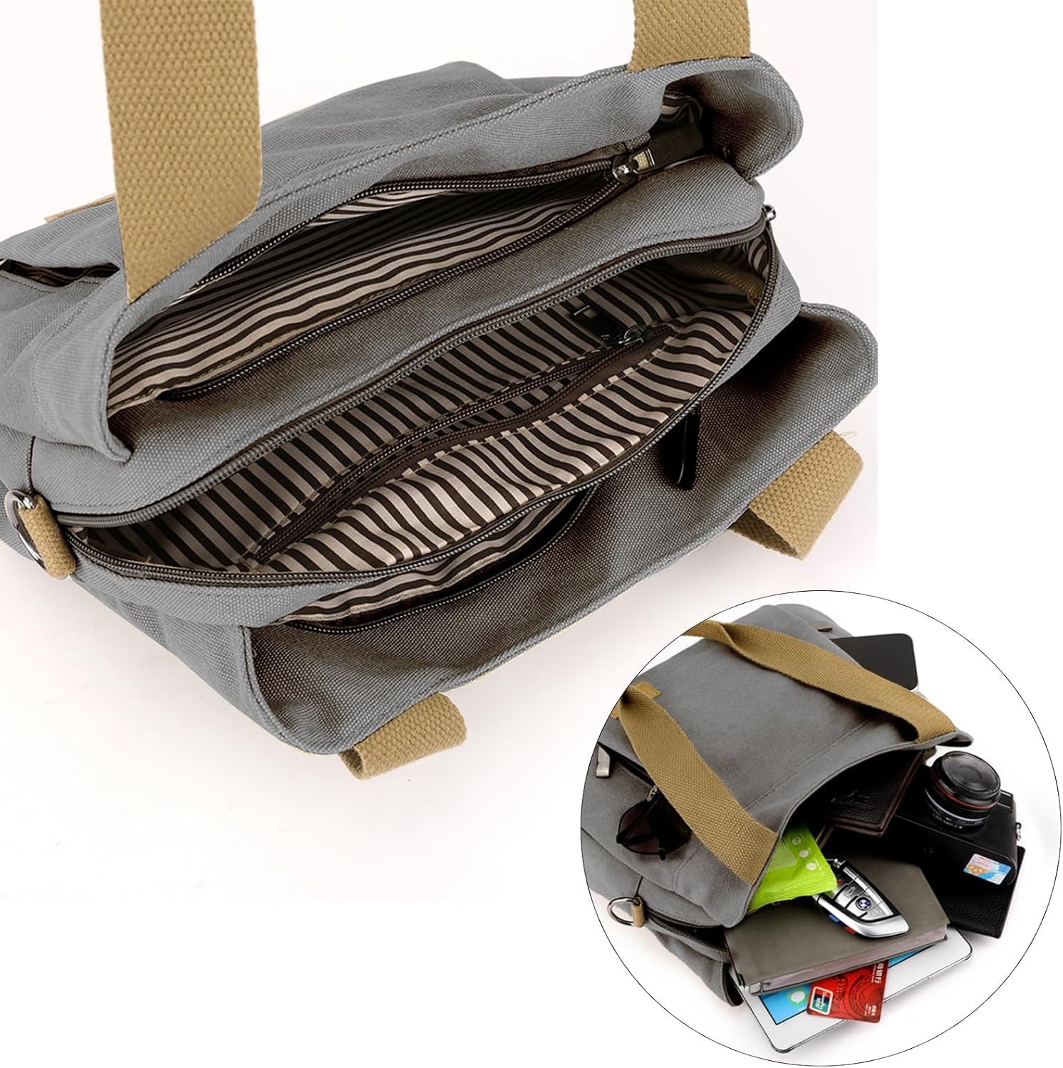 DOURR Light Cotton Canvas Crossbody Bags for Women Daily Small Organized Shoulder Handbags with 3 Compartments