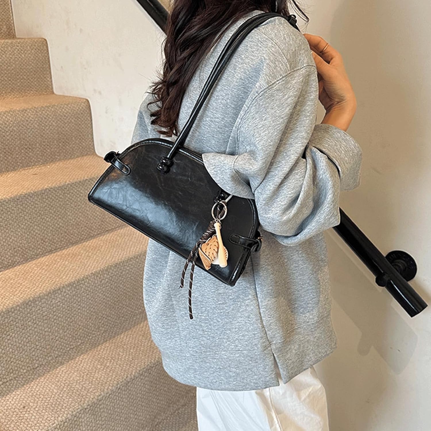 Bowling Bag Purse Retro PU Leather Bowler Bags with Charm Shoulder Handbag Vintage Elegant Purses for Women Girls