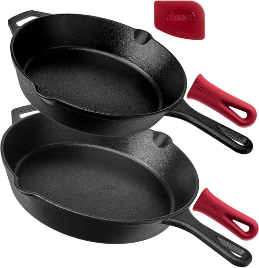 Cuisinel Cast Iron Skillets Set - 10" + 12"-Inch Pre-Seasoned Frying Pans + Removable Silicone Handle Holder Grips + Pan Scraper - Oven-Safe Cookware Kit + Accessories + Handle Helper