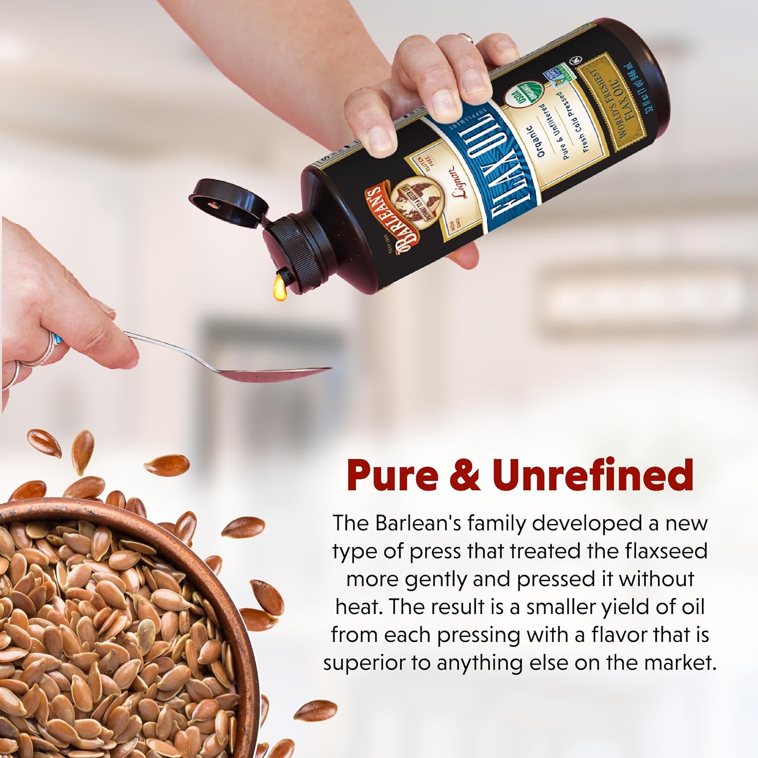 Barlean'S Organic Lignan Omega 3 Flaxseed Oil Liquid Supplement for Men and Women, Cold Press Flax Seeds, 7230Mg ALA Fatty Acid, Vegan and Gluten Free, 16 Oz