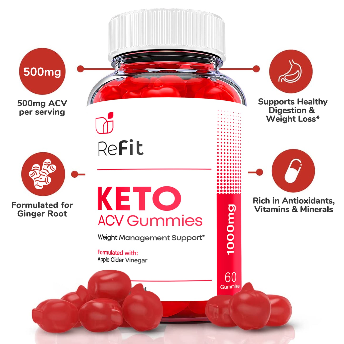 (1 Pack) Refit Keto Gummies - Refit ACV Keto Gummies Weight Loss, Vegan-60 Gums