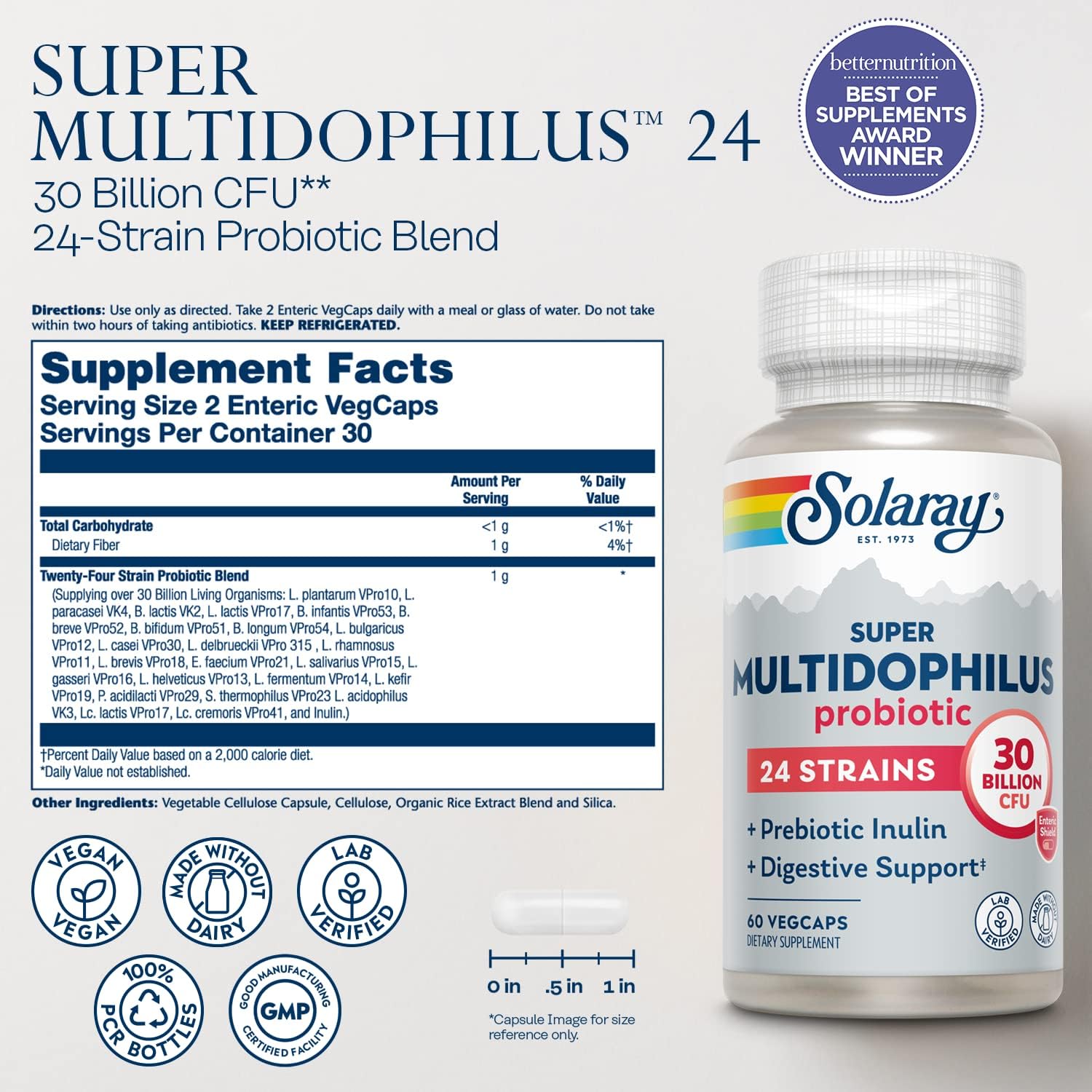 SOLARAY Super Multidophilus 24 Strain Probiotic | 30 Billion CFU | Healthy Gut Support | 30 Serv | 60 Enteric Vegcaps
