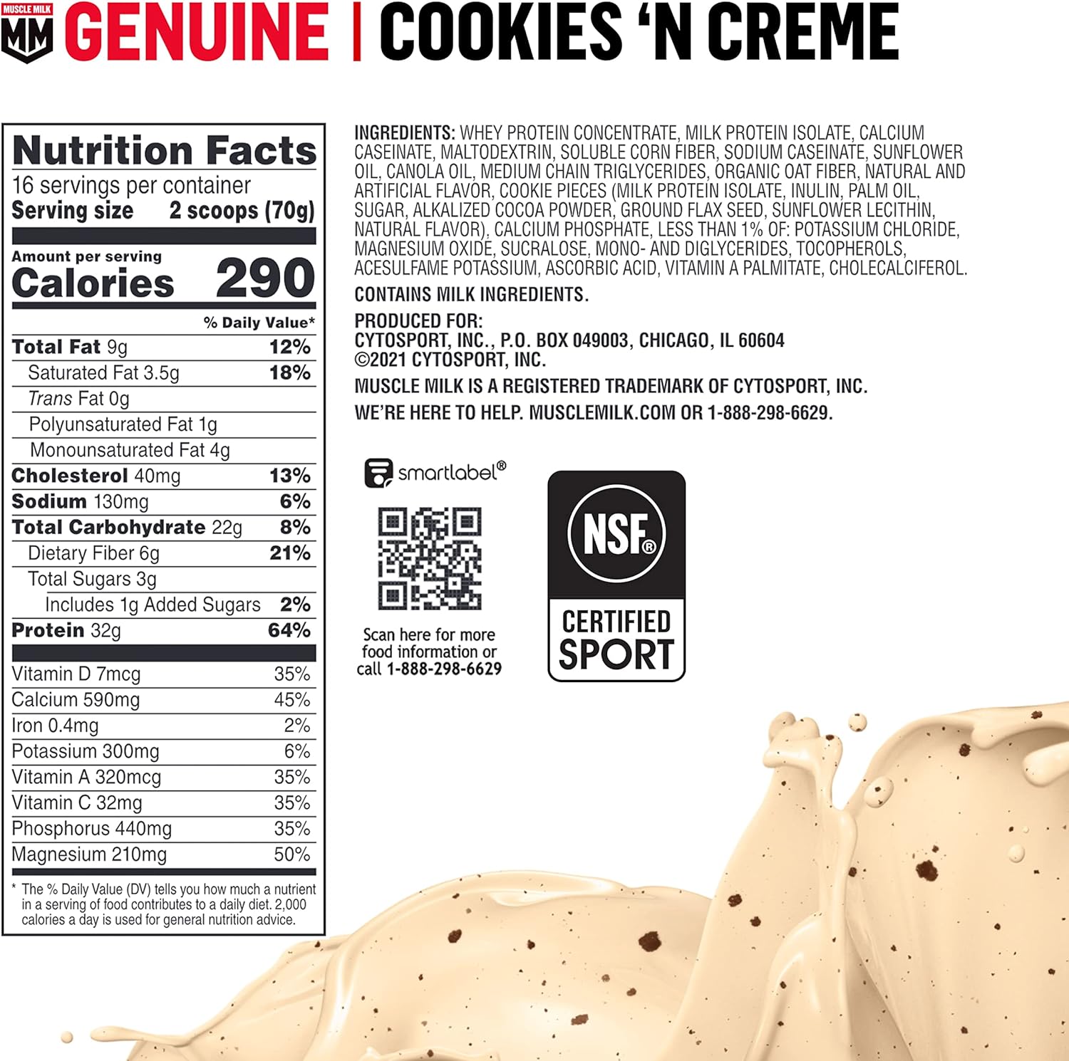 Muscle Milk Genuine Protein Powder, Cookies 'N Crème, 2.47 Pound, 16 Servings, 32G Protein, 2G Sugar, Calcium, Vitamins A, C & D, NSF Certified for Sport, Energizing Snack, Packaging May Vary