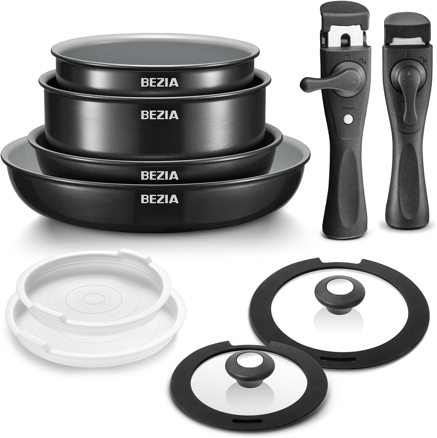 BEZIA Induction Cookware with Healthy Ceramic Coating, Nonstick Pots and Pans Set 10Pcs with Detachable Handles, Induction RV Kitchen Set Removable Handle, Oven Safe