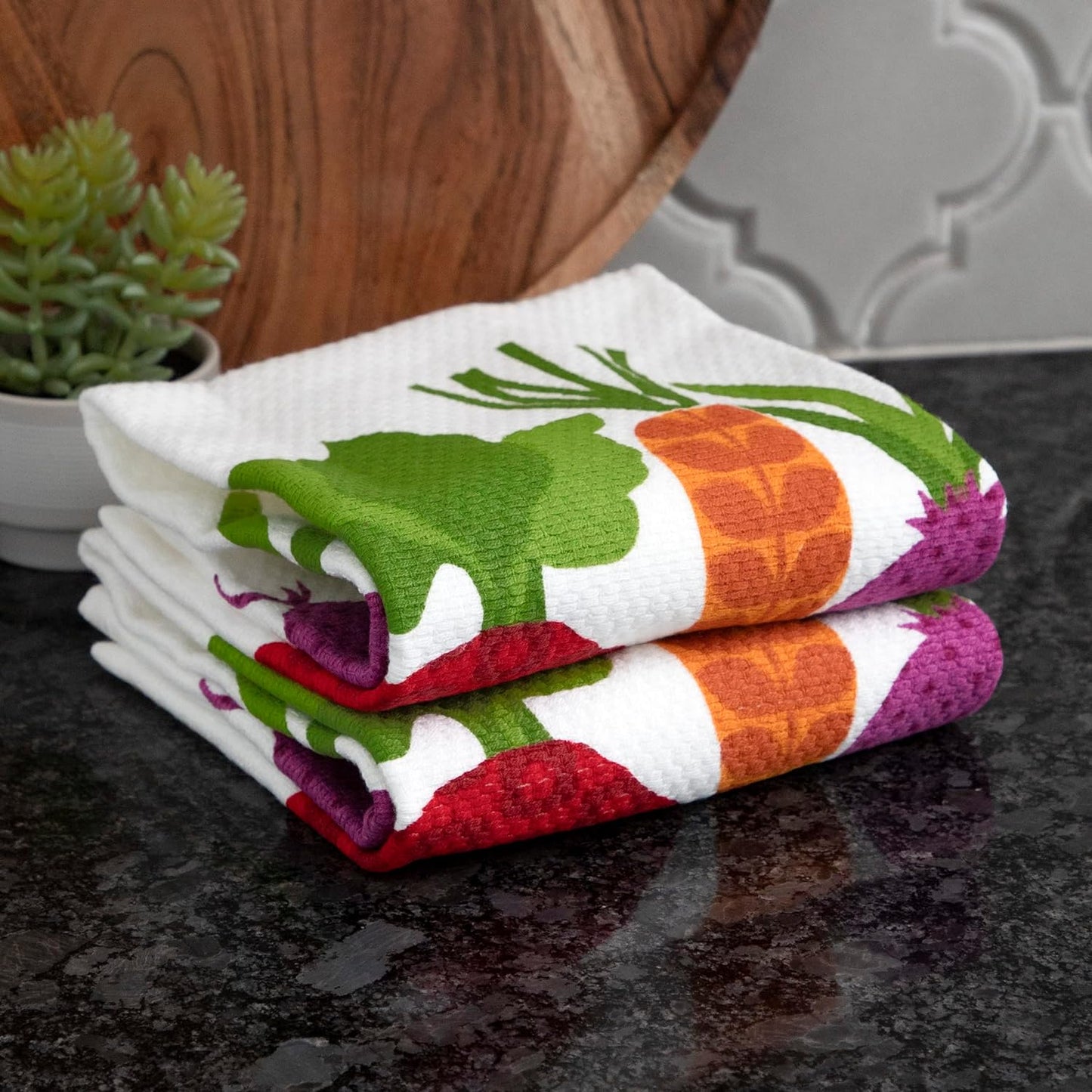 T-Fal Textiles Double Sided Print Woven Cotton Kitchen Dish Towel Set, 2-Pack, 16" X 26", Veggie Print