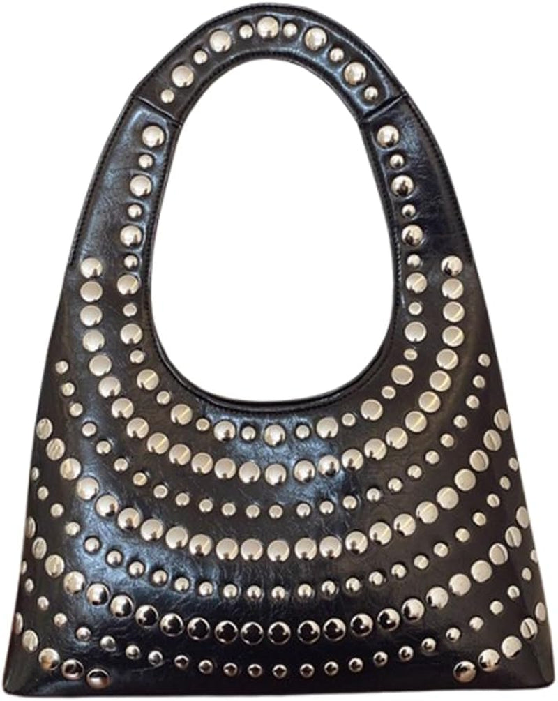 Y2K Crescent Hobo Bags Women 90S Trendy Studded Shoulder Satchels Crossbody Purse PU Leather Punk Underarm Tote Handbag