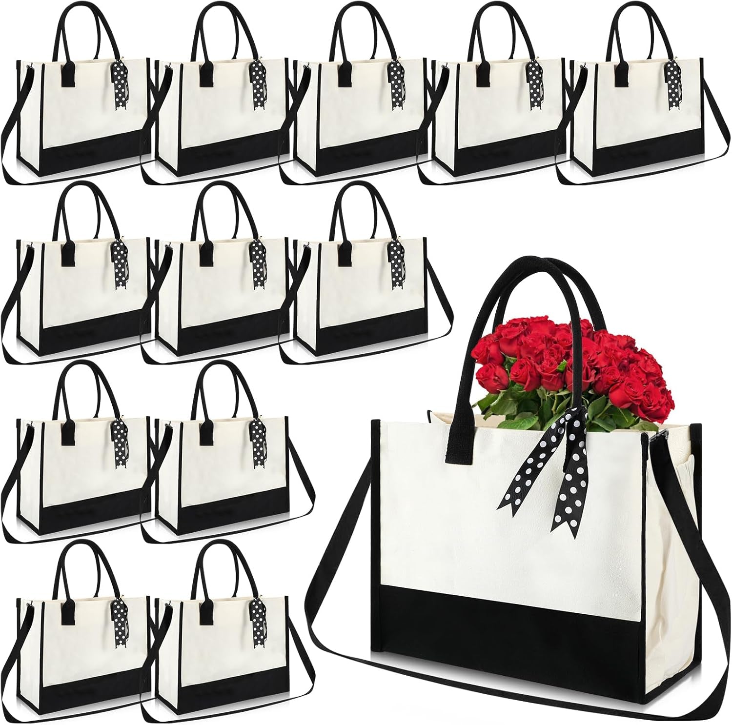 Paterr 12 Pcs Bridesmaid Canvas Tote Bags Bulk for Women Black and White Canvas Bag with Shoulder Strap and Zipper for Wedding Mother Teacher Bride Friend