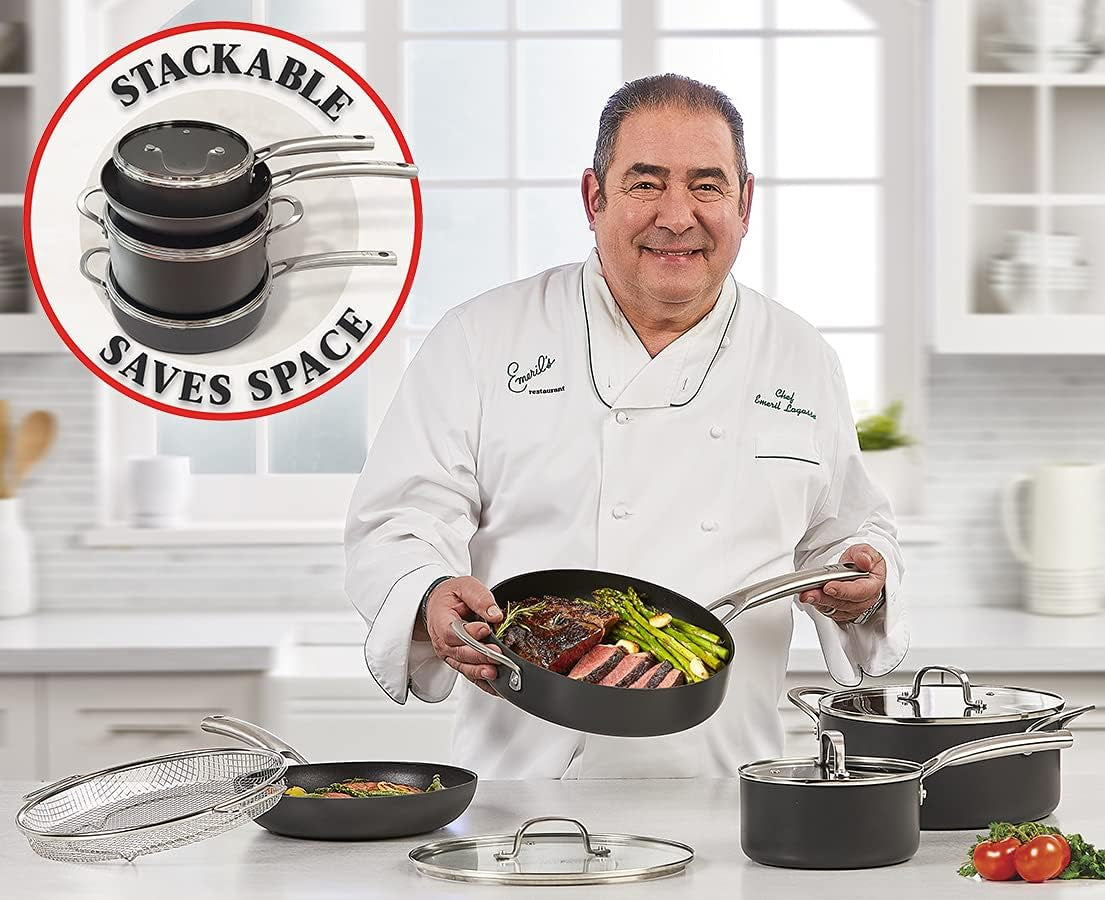 Emeril Everyday Lagasse Kitchen Cookware, Forever Pans, Pots and Pans Set with Lids, Hard-Anodized Nonstick, Black (13 Piece Set)