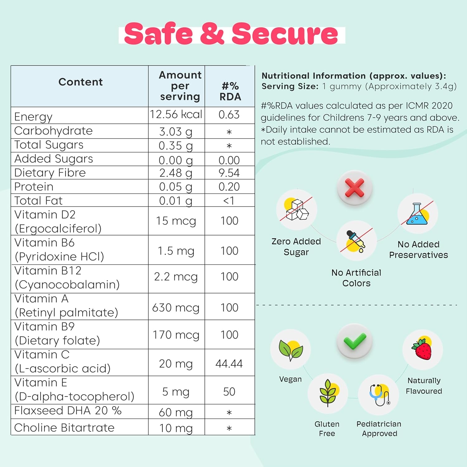 Omega-3 (DHA) Brain Gummies for Kids. 7-12 Years. 30 Day Pack. Plant Based Omega-3 Supplements. Made with Chicory Root Fiber for Gut Health. Multivitamins Rich. No Sugar.
