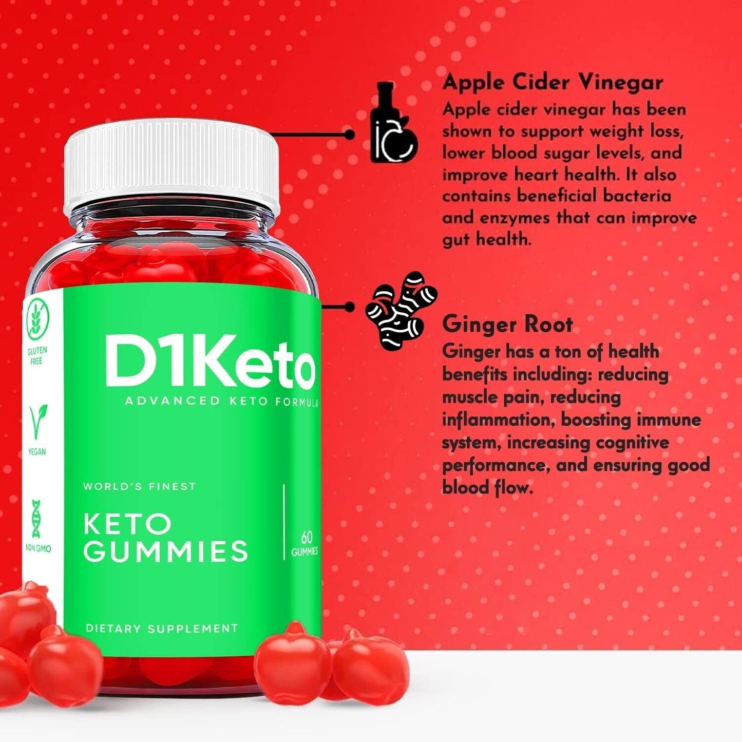 (1 Pack) D1 Keto Gummies - D1 Keto ACV Gummies Weight Loss, Vegan - 60 Gummies