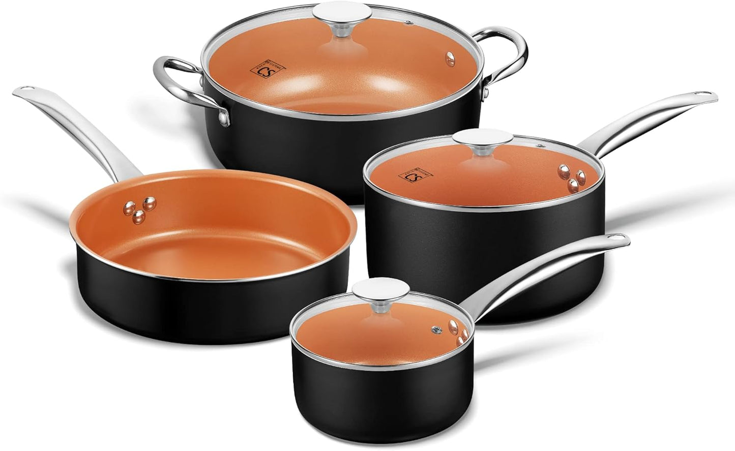 CSK Copper Aluminum Nonstick Cookware Set with Lid - Pans and Pots, All Stove Tops Compatible, Oven Safe, Ceramic Coating, 100% PTFE & PFOA Free, Stainless Steel Handle, for Stew Boil Fry, 7 Piece