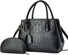 Crocodile Embossed PU Leather Handbag Set - 2-Piece Tote with Matching Pouch, Stylish and Durable Shoulder Bag for Women (Black)