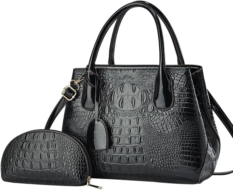 Crocodile Embossed PU Leather Handbag Set - 2-Piece Tote with Matching Pouch, Stylish and Durable Shoulder Bag for Women (Black)
