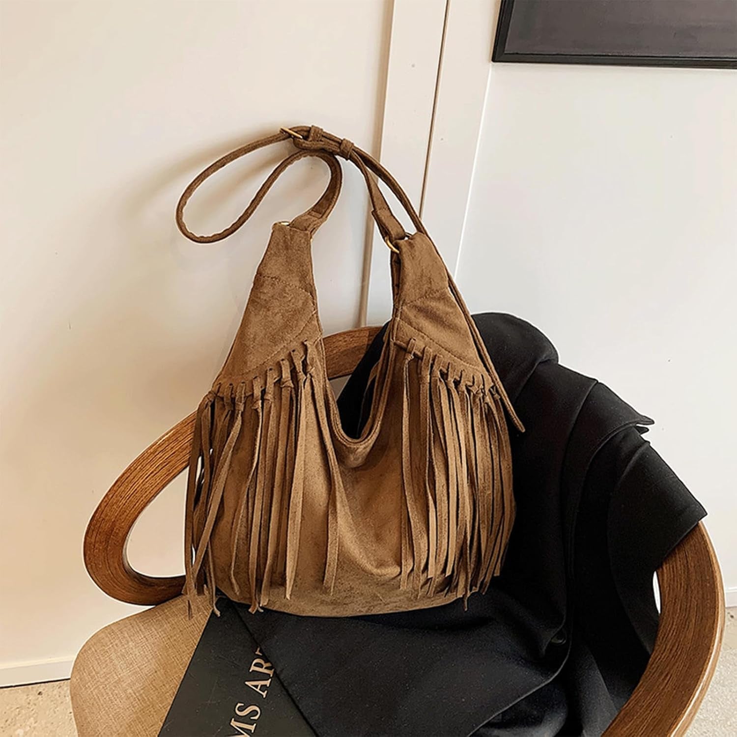 Spacious Suede Fringe Shoulder Bag for Women Vintage Slouchy Hobo Tote Purse Western Fringe Handbag