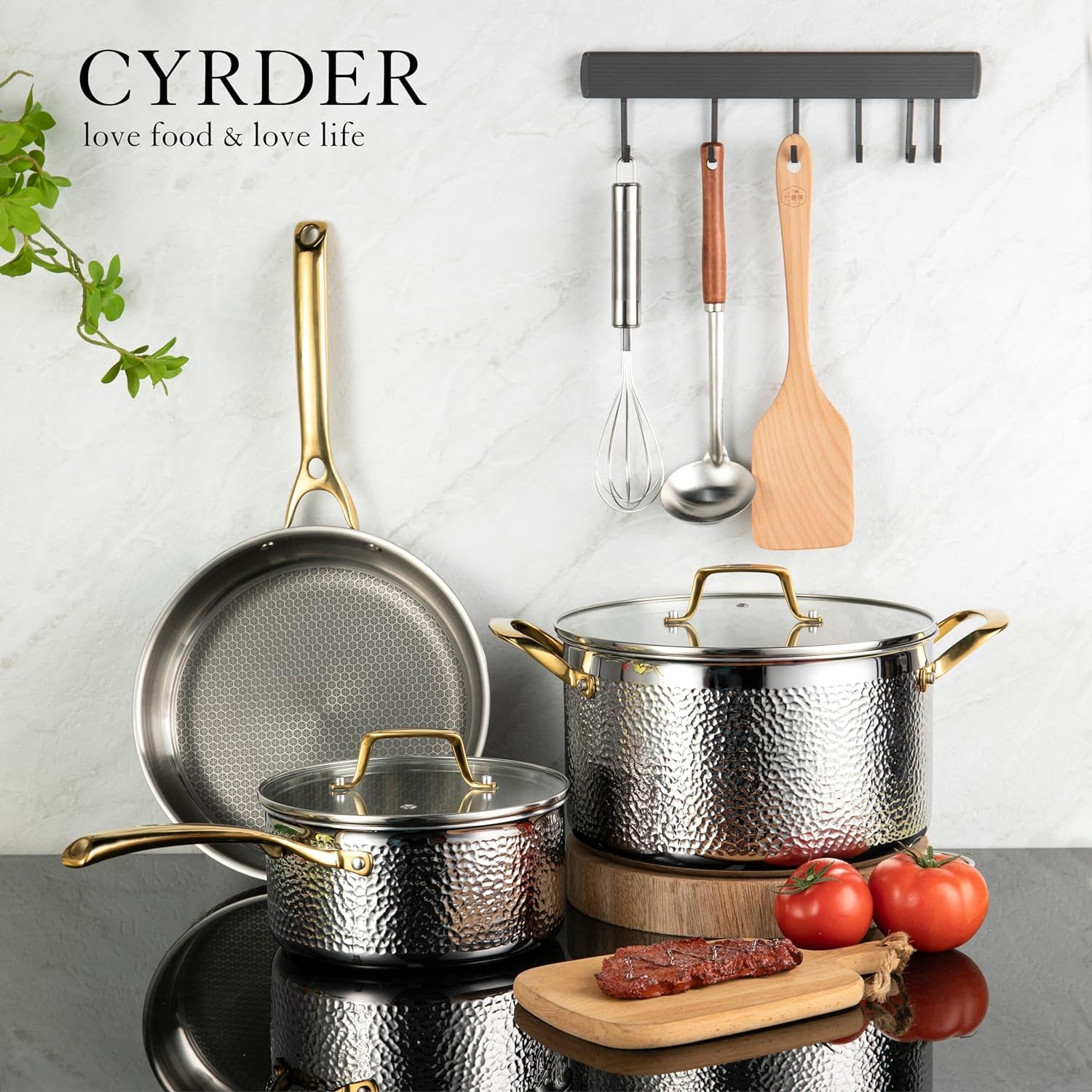 Luxury Copper Hammered Stainless Steel Cookware Set, 5 Piece Heavy Duty Pots and Pans Set, Non Toxic, PTFE & PFOA Free, Oven & Dishwasher Safe, Induction 18/10 Stainless Gold Pot Pan