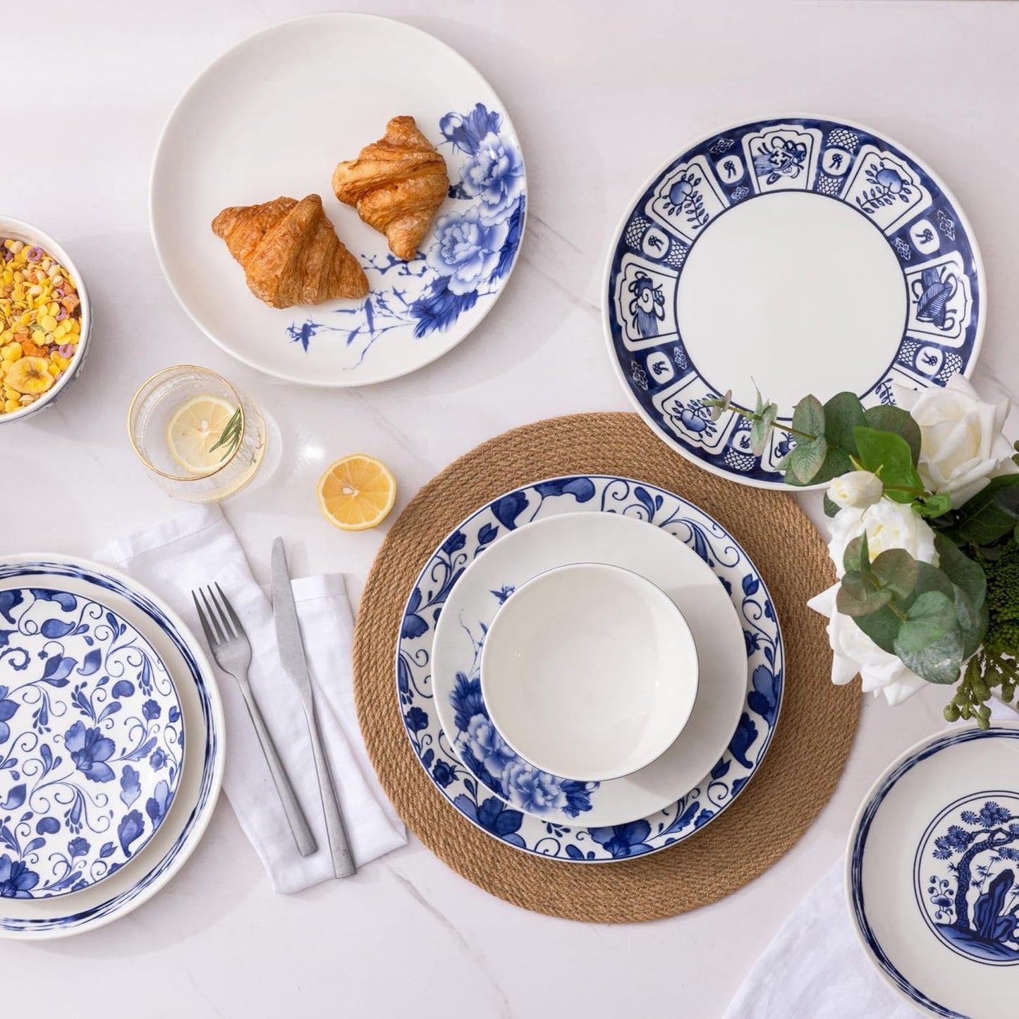 (12Pc) Ceramic Dinnerware Sets,Blue and White Plates and Bowls Set,Highly Chip A