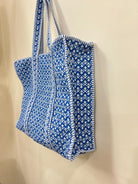 Cotton Quilted Tote Bag, Large Reversible Blue and White Print, Double Handle with Zipper