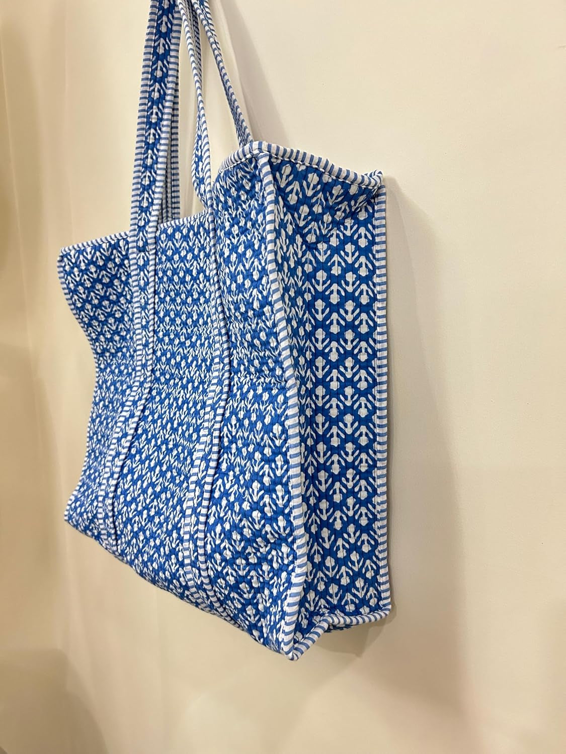 Cotton Quilted Tote Bag, Large Reversible Blue and White Print, Double Handle with Zipper