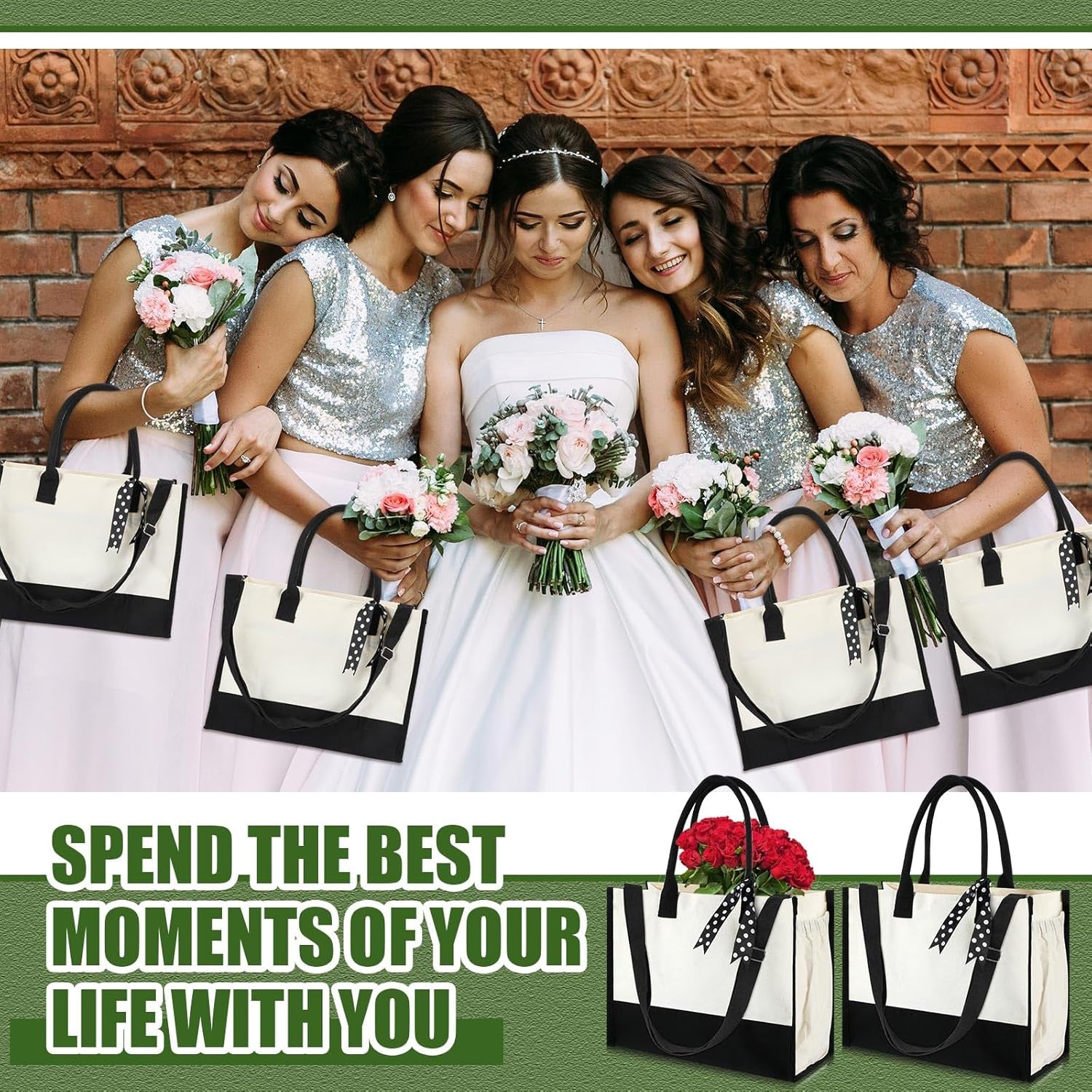Paterr 12 Pcs Bridesmaid Canvas Tote Bags Bulk for Women Black and White Canvas Bag with Shoulder Strap and Zipper for Wedding Mother Teacher Bride Friend