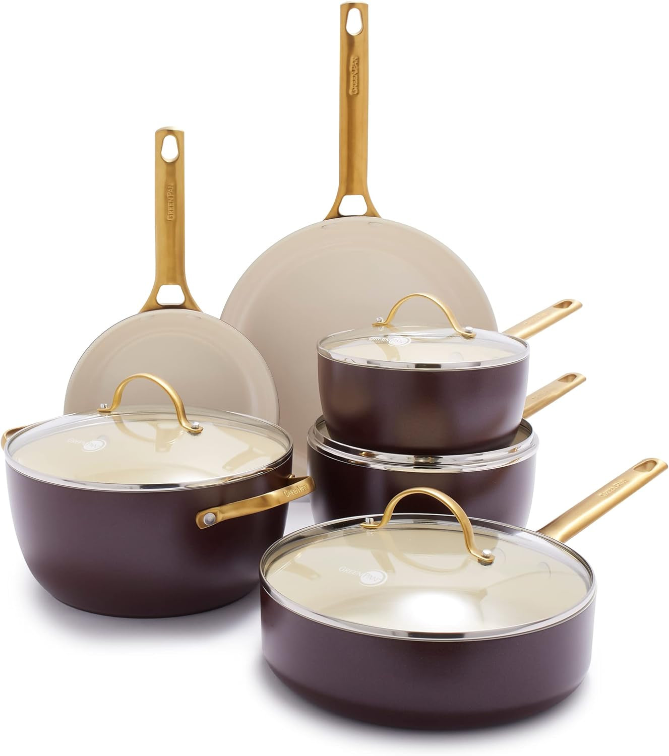 Greenpan Reserve Hard Anodized Healthy Ceramic Nonstick 10 Piece Cookware Pots and Pans Set, Gold Handle, Pfas-Free, Dishwasher Safe, Oven Safe, Merlot Purple