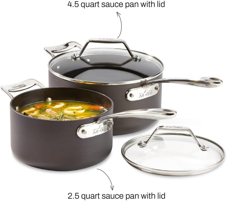 All-Clad Essentials Hard Anodized Nonstick Sauce Pan Set 4 Piece, 2.5, 4 Quart Oven Broiler Safe 500F Pots and Pans, Cookware Black