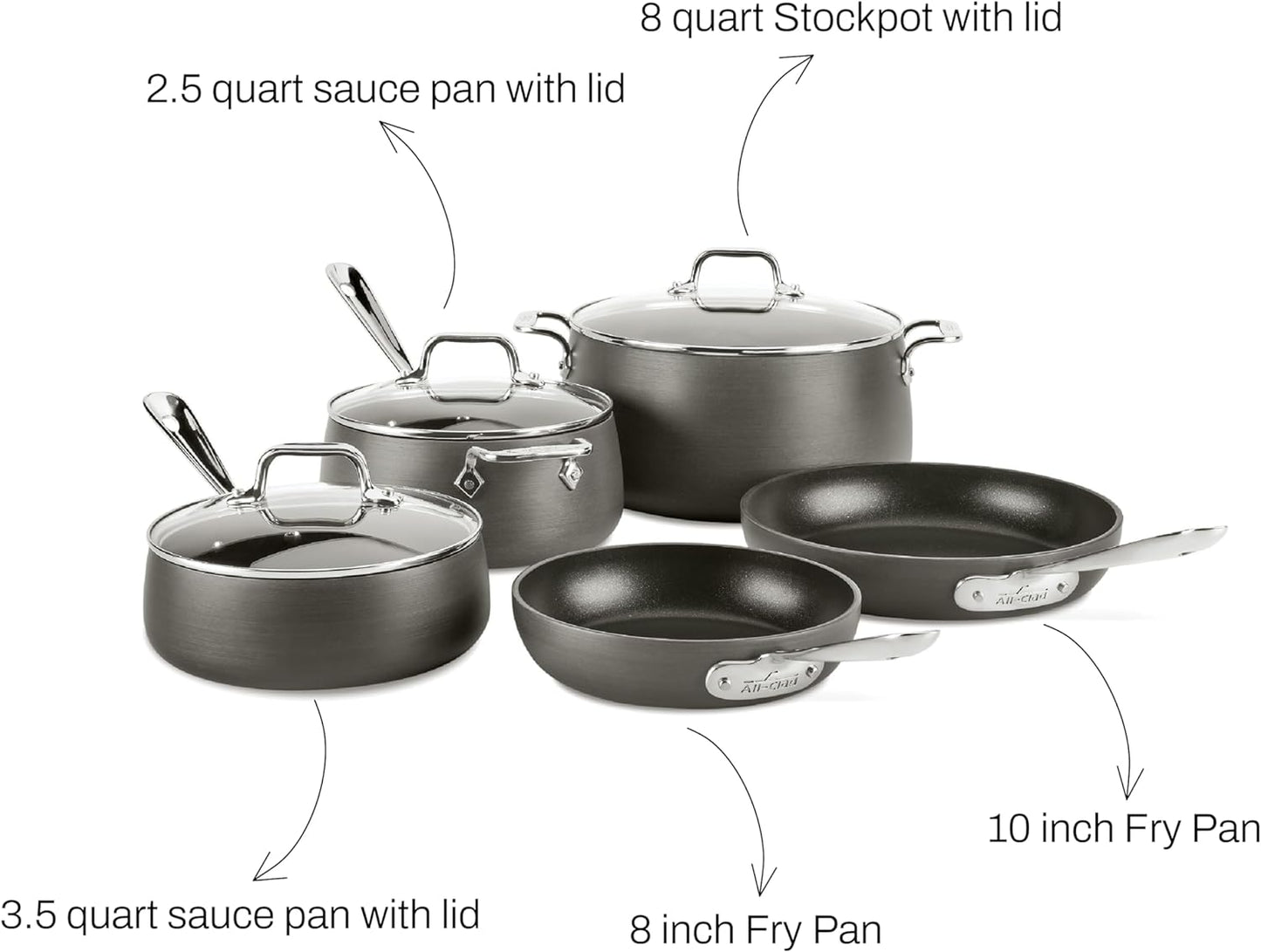 All-Clad HA1 Hard Anodized Non Stick Cookware Set 8 Piece, Induction, Oven Broiler Safe 500F, Lid Safe 350F, Kitchen Cooking Set W/ Frying Pans, Sauce Pans, Stockpot, Pots and Pans Set Non Stick Black