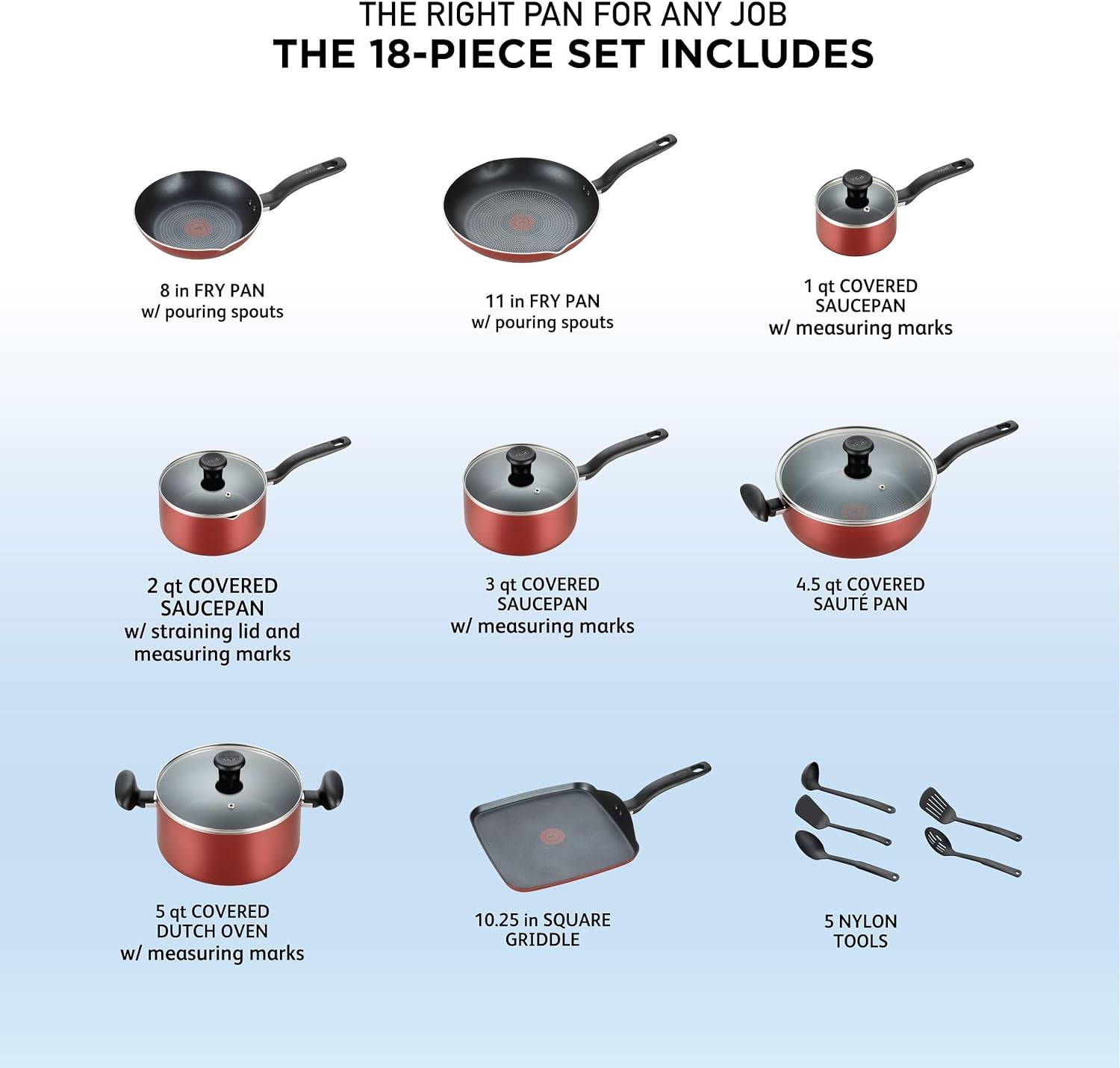 T-Fal Initiatives Nonstick Cookware Set 18 Piece, Oven Broiler Safe 350F, Kitchen Cooking Set W/ Fry Pans, Saucepans, Saute Pan, Dutch Oven, Griddle, Pots and Pans, Home, Dishwasher Safe, Red