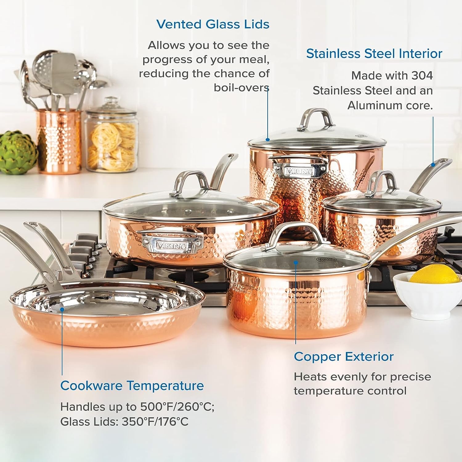 Viking 10-Piece 3-Ply Hammered Copper-Clad Cookware Set, Oven Safe, All Cooktops