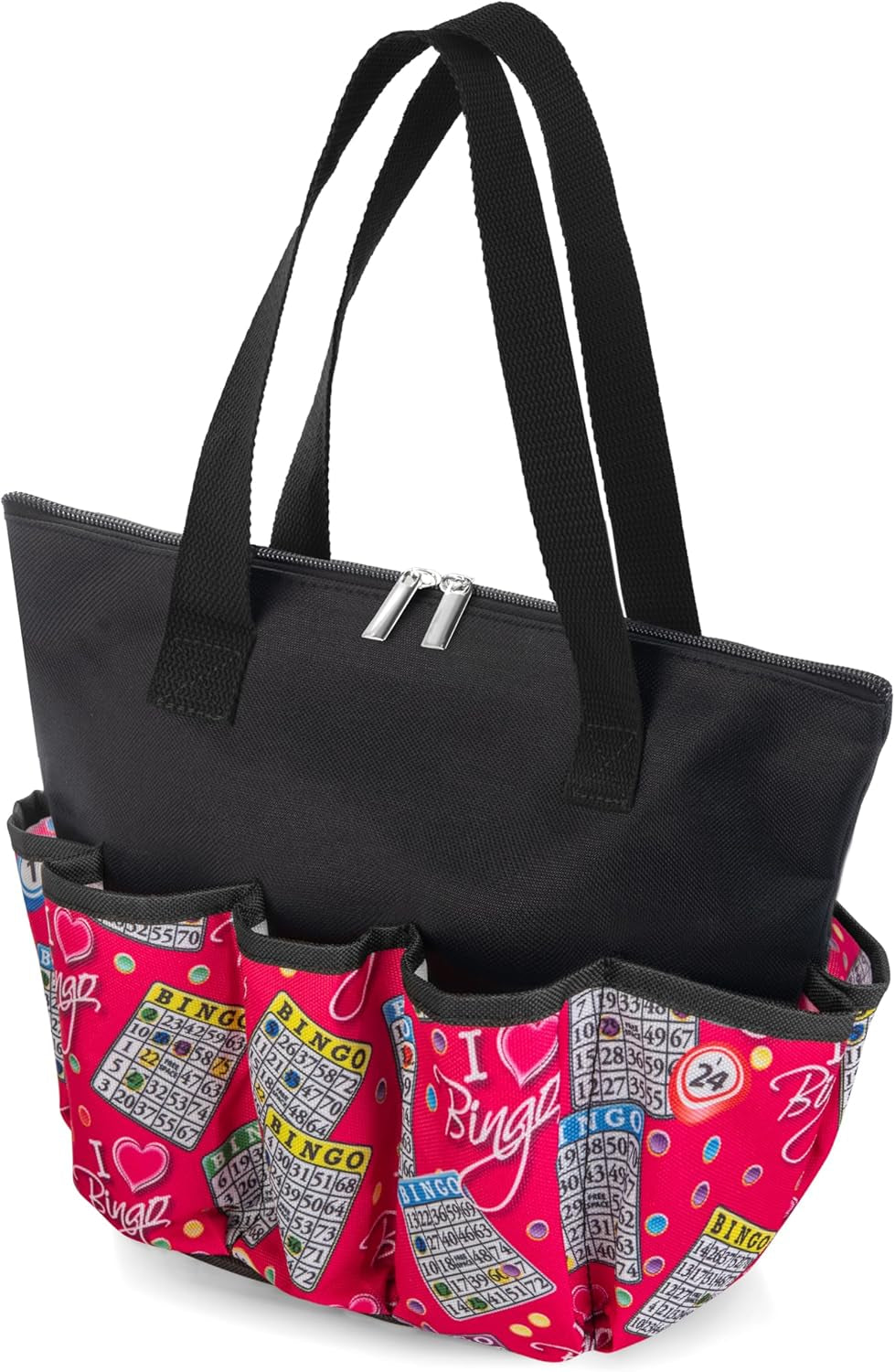 I Love Bingo Pink Tote Bag with 10 Pockets for Daubers, Markers & Accessories – Durable Bingo Bag with Zipper, Portable Bingo Gift for Women, Seniors & Players