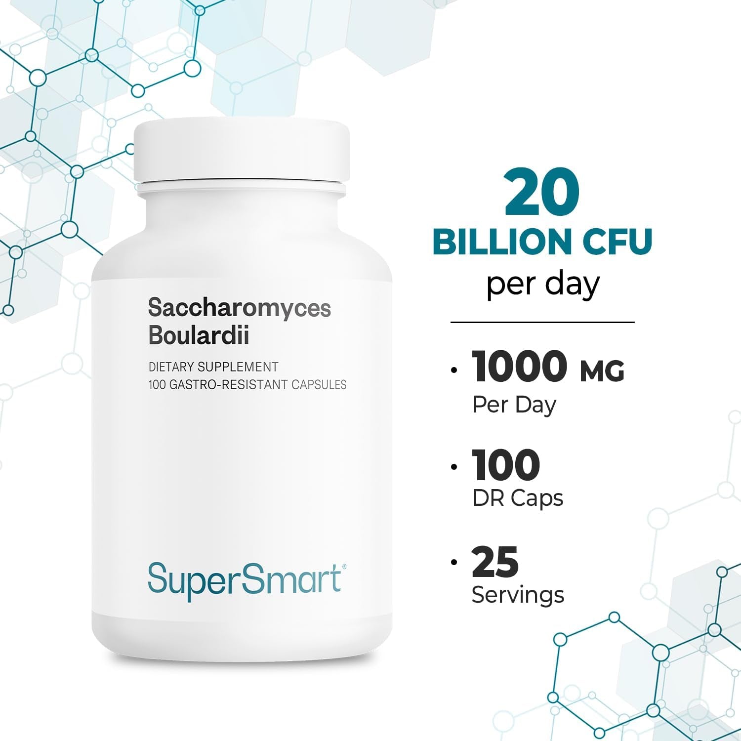 Supersmart - Saccharomyces Boulardii 20 Billion CFU per Day (High Strength) - Probiotic Supplement | Non-Gmo & Gluten Free - 100 Delayed Release Capsules