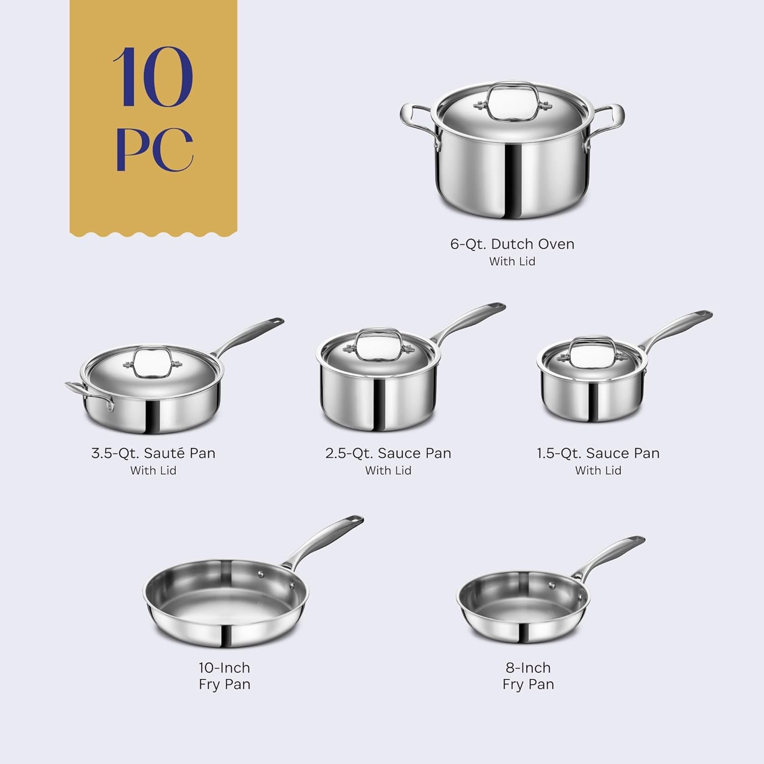 Legend 3 Ply 10 Pc Stainless Steel Pots & Pans Set | Professional Quality Cookware Clad for Home Cooking & Commercial Kitchen Surface Induction & Oven Safe | Non-Teflon PFOA, PTFE & PFOS Free