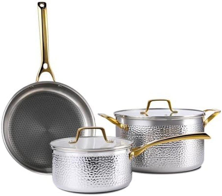 Luxury Copper Hammered Stainless Steel Cookware Set, 5 Piece Heavy Duty Pots and Pans Set, Non Toxic, PTFE & PFOA Free, Oven & Dishwasher Safe, Induction 18/10 Stainless Gold Pot Pan