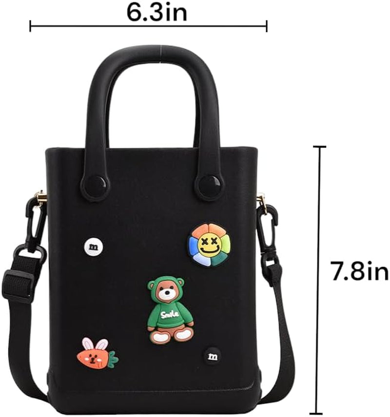 Waterproof Silicone Mini Beach Tote Bag with Charms Small Washable EVA Crossbody Purse for Girls & Women Adjustable Strap