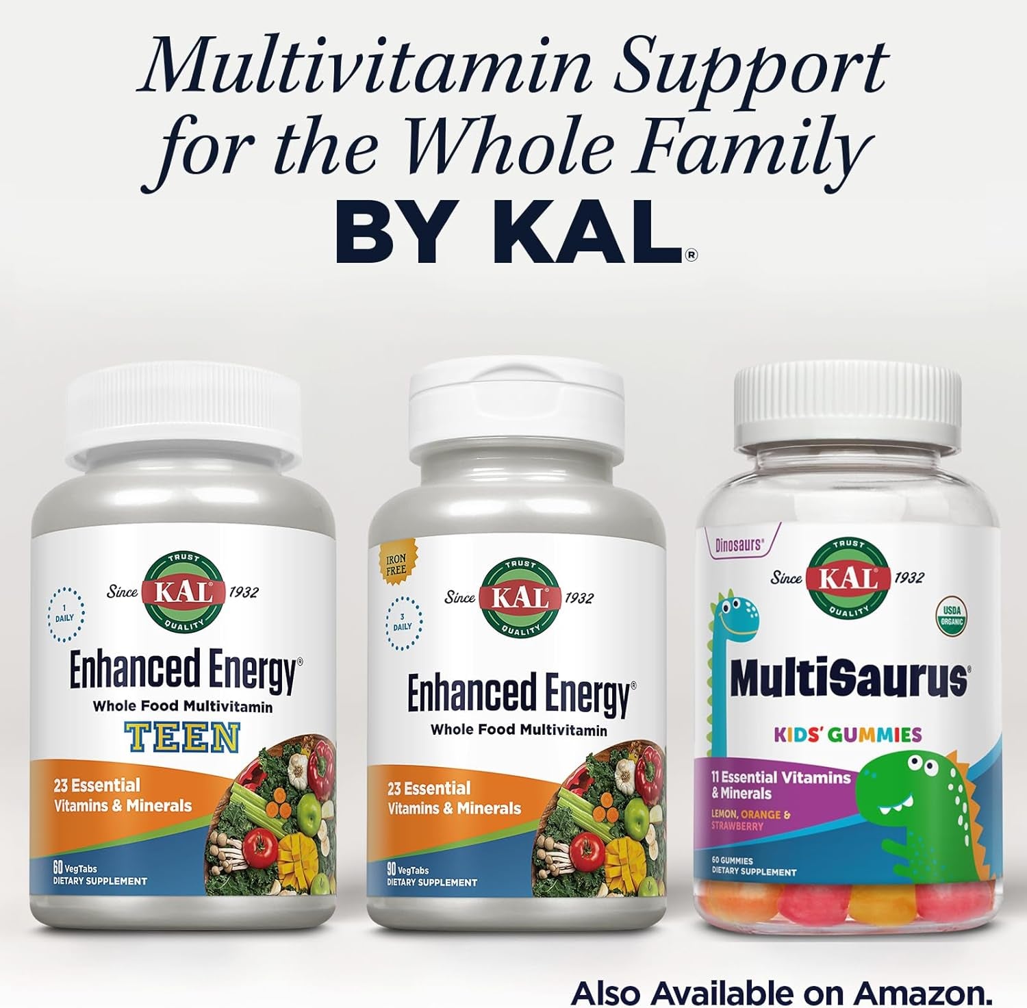 KAL Enhanced Energy Supplements, 3 Daily - Whole Food Multivitamin for Women and Men, Iron Free - 23 Essential Vitamins, Minerals, Super Foods, Digestive Enzymes, 60-Day Guarantee, 30 Serv, 90 Vegtabs