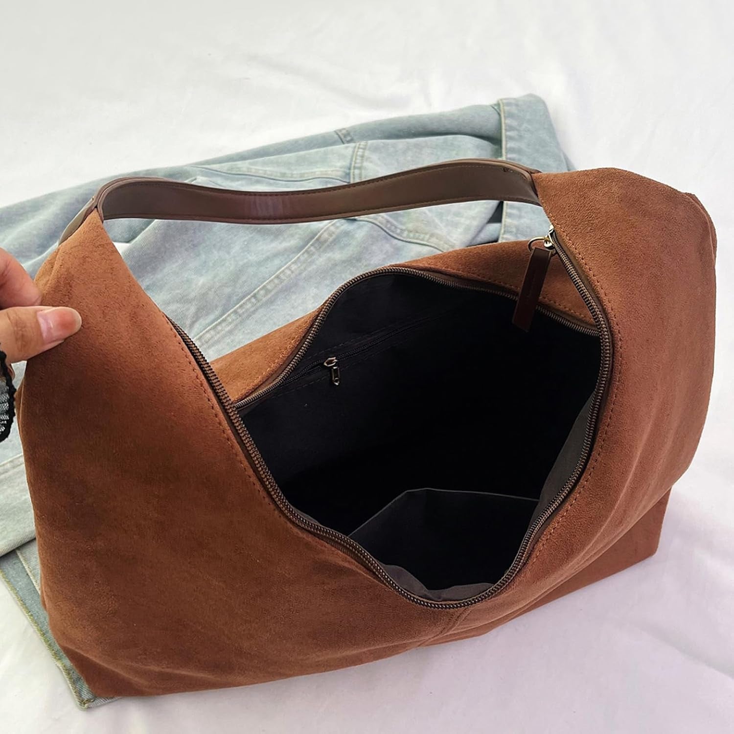 Suede Leather Hobo Bags for Women- Slouchy Tote Bag Brown Suede Fall Bag Hobo Shoulder Purse with Zipper