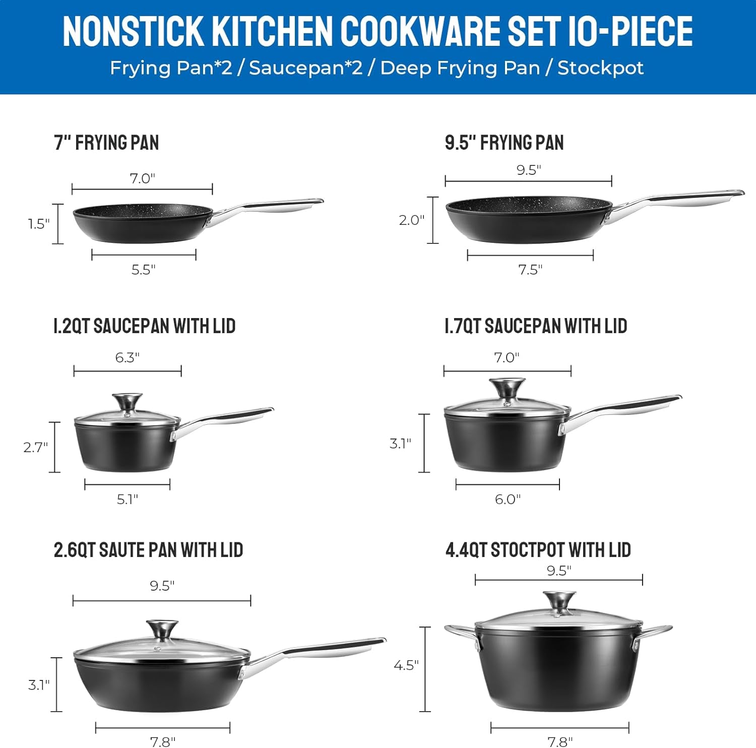 Induction Cookware Nonstick, BEZIA Pots and Pans Set for Induction Cooktop, Compatible with All Stoves, Dishwasher Safe Kitchen Cooking Pan Set with Frying Pans, Saucepans & Stockpot, 10-Piece