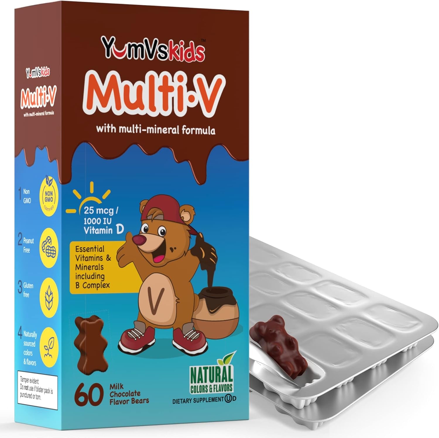 YUM-V'S - Kids Multivitamin Chewable Chocolate Bears - Multivitamin for Kids Supplement - 16 Vitamins & Minerals - Vitamins Including D, Zinc, C, B Complex & More, 60 Count Pack of 1
