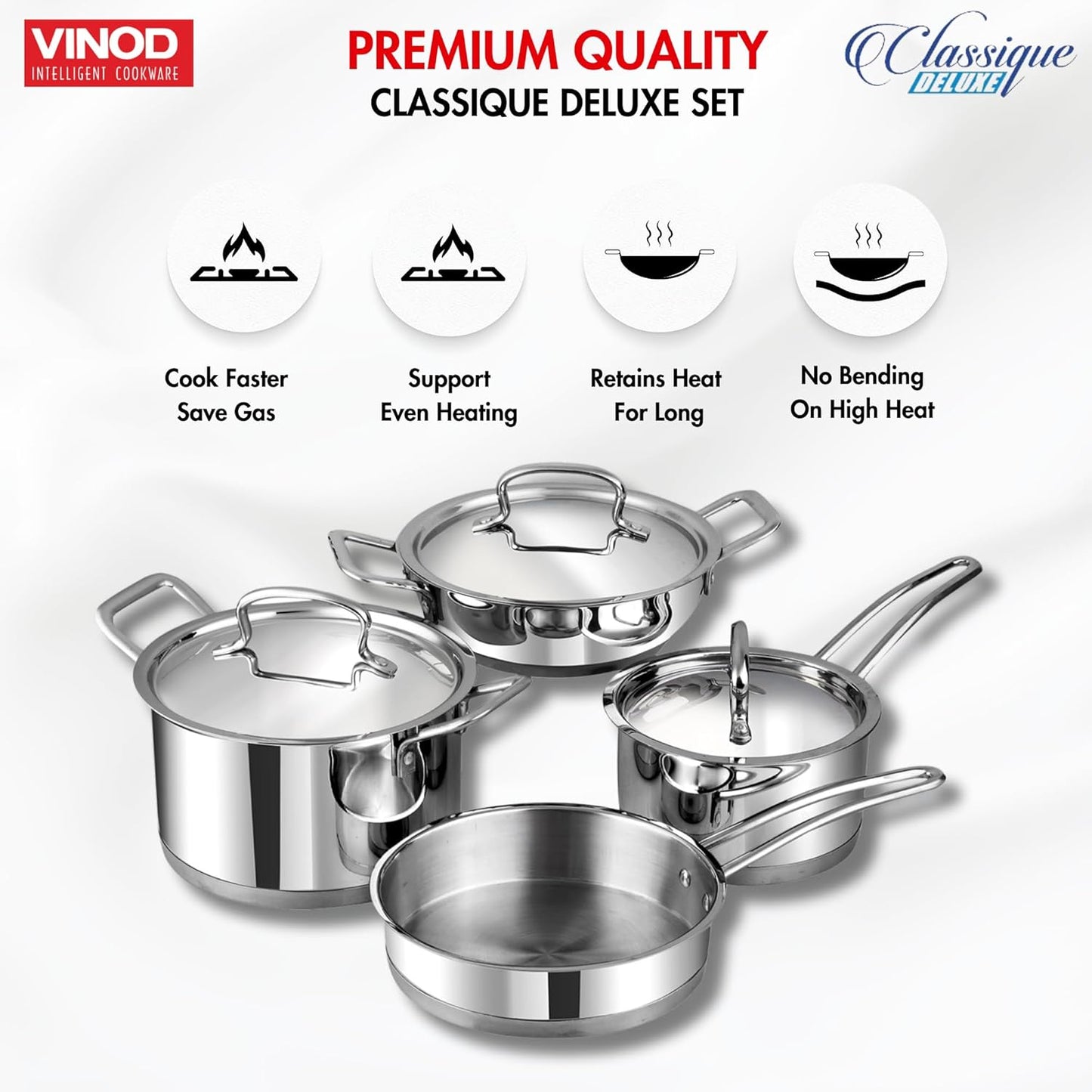 Vinod Classic Deluxe 4 Pcs Stainless Steel Cookware Combo Set Of/Saucepan, Sauc