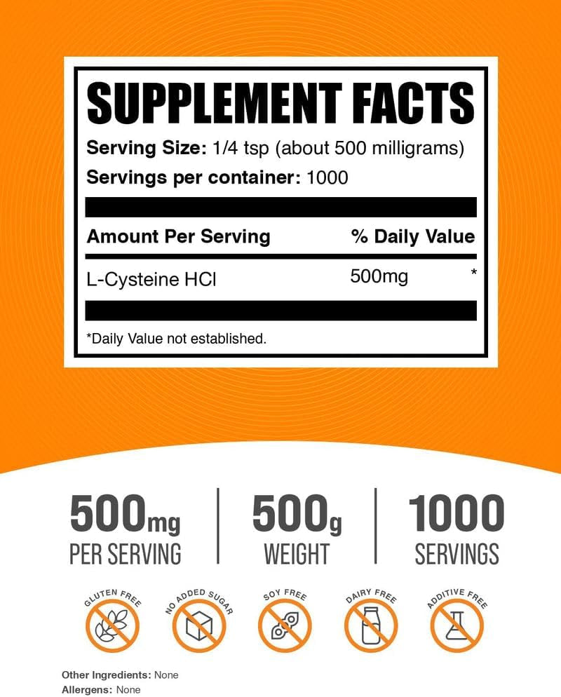 Bulksupplements.Com L-Cysteine Hcl Powder - NAC Supplement, Amino Acid Supplement - Gluten Free, 500Mg per Serving, 500G (1.1 Lbs) (Pack of 1)