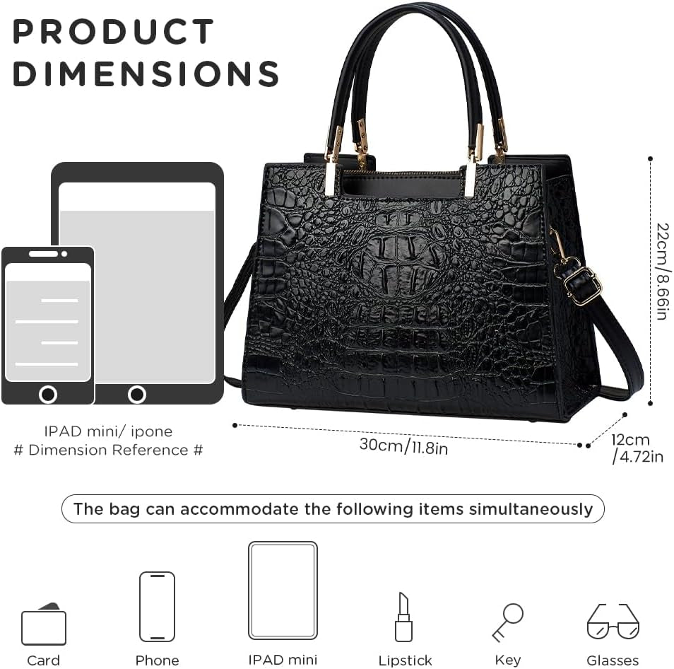 Women'S PU Leather Black Handbag - Crocodile Texture Tote Bag for Women with Top Handles and Adjustable Shoulder Strap, Stylish Satchel for Daily Use and Work