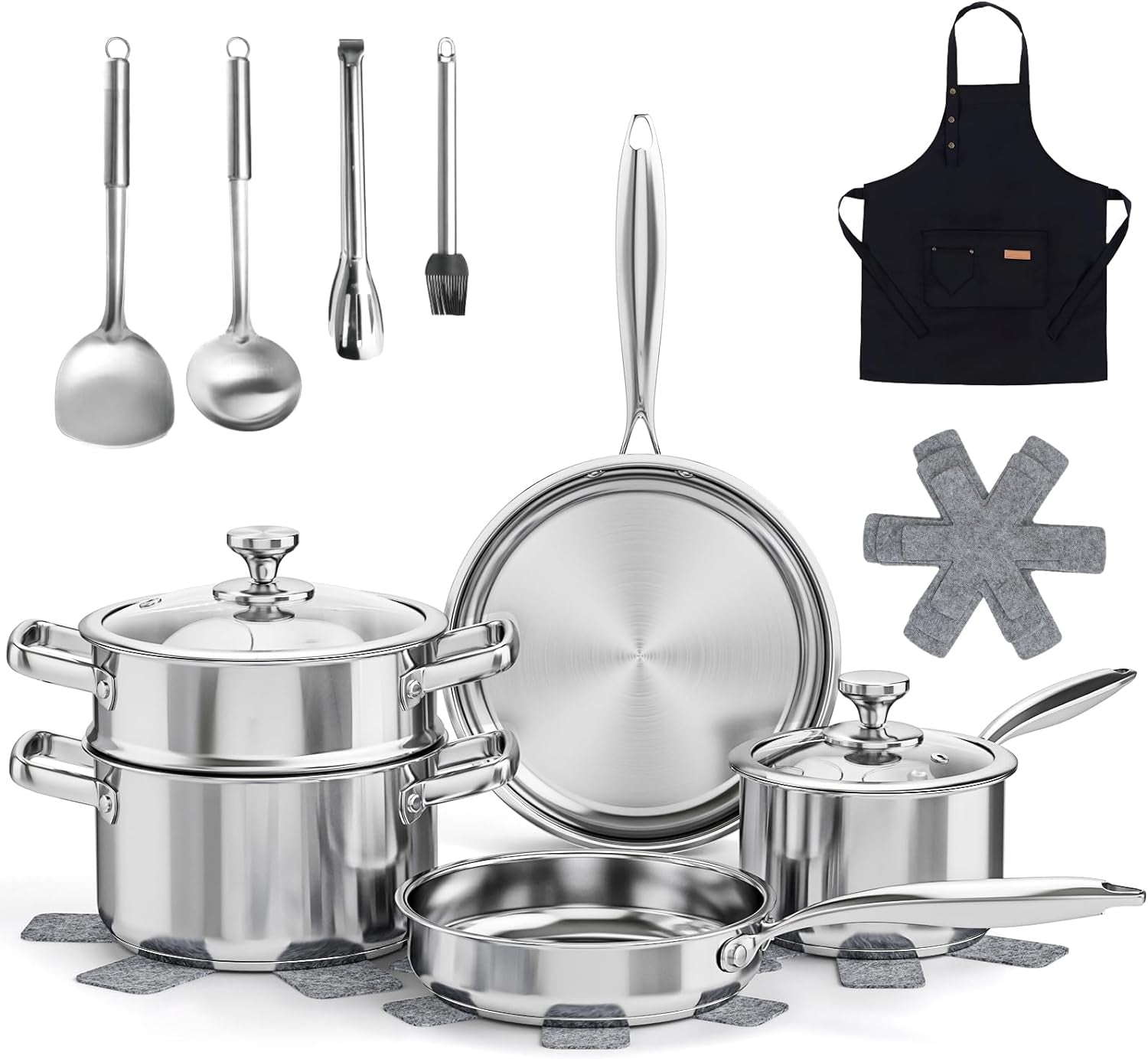 Meythway Pots and Pans Set Non Toxic, 16-Piece Stainless Steel Cookware Set with Steamer & Visual Lid, Kitchen Induction Cookware with Utensil Sets, Pot Protectors and Apron for Oven & Dishwasher Safe