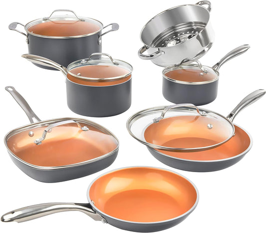 Gotham Steel 12 Pc Ceramic Pots and Pans Set Non Stick, Kitchen Cookware Sets, Pot and Pan Set, Ceramic Cookware Set, Non Toxic Cookware Set, Non Stick Pots and Pan Set, Oven Dishwasher Safe - Copper