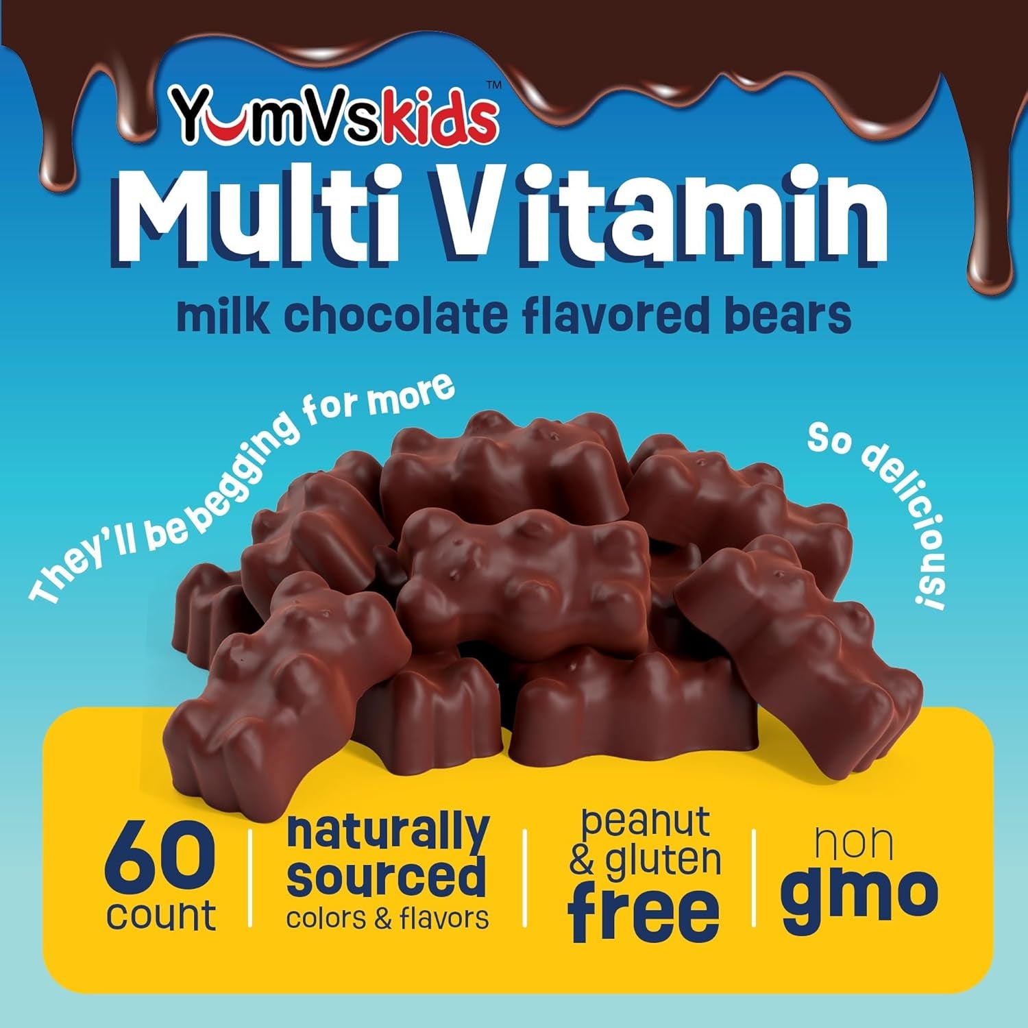 YUM-V'S - Kids Multivitamin Chewable Chocolate Bears - Multivitamin for Kids Supplement - 16 Vitamins & Minerals - Vitamins Including D, Zinc, C, B Complex & More, 60 Count Pack of 1